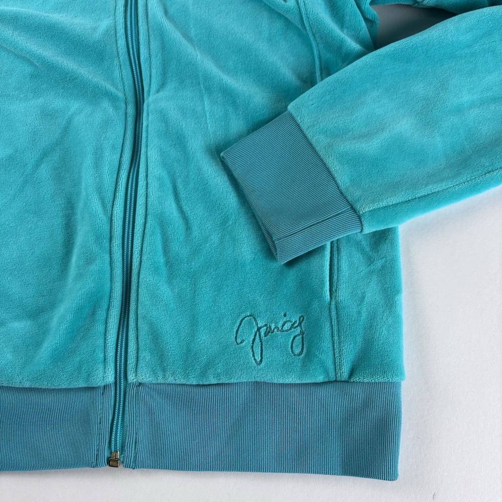Juicy Couture Teal Velour Zip Up Hoodie Jacket Women's Medium Rhinestone Logo - Picture 2 of 12
